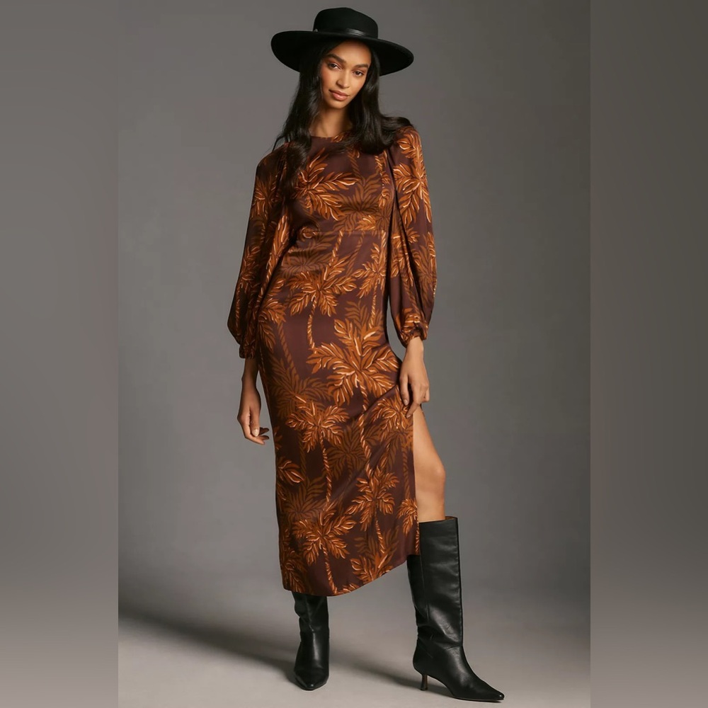 New $228 Farm Rio Brown Palm Trees Long-Sleeve Low-Back Printed Midi Dress